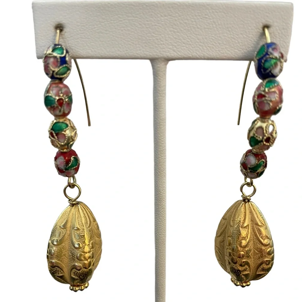 HAND CRAFTED Pierced Earrings Cloisonnés Gold Statement Drops Marquis Ear Wires